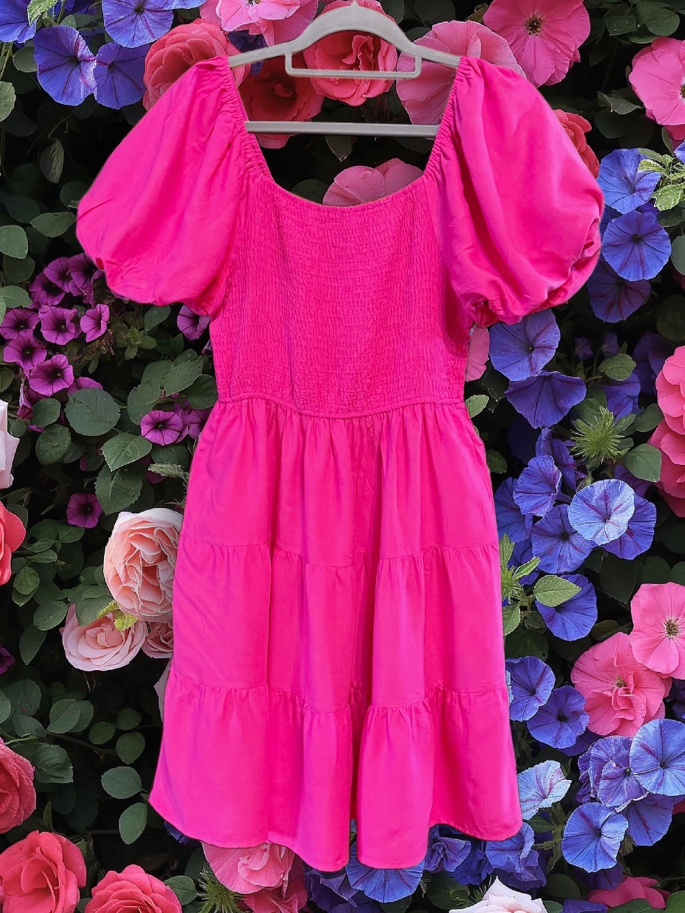 Zesica Puff-Sleeve Tiered Casual Dress in Hot Pink size Large